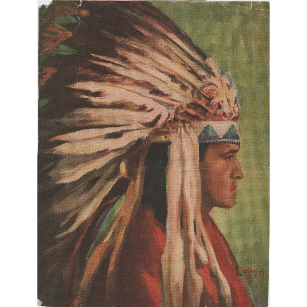 Vintage Native American Chief Portrait Print Feathered Headdress 8.5x11.2 Art